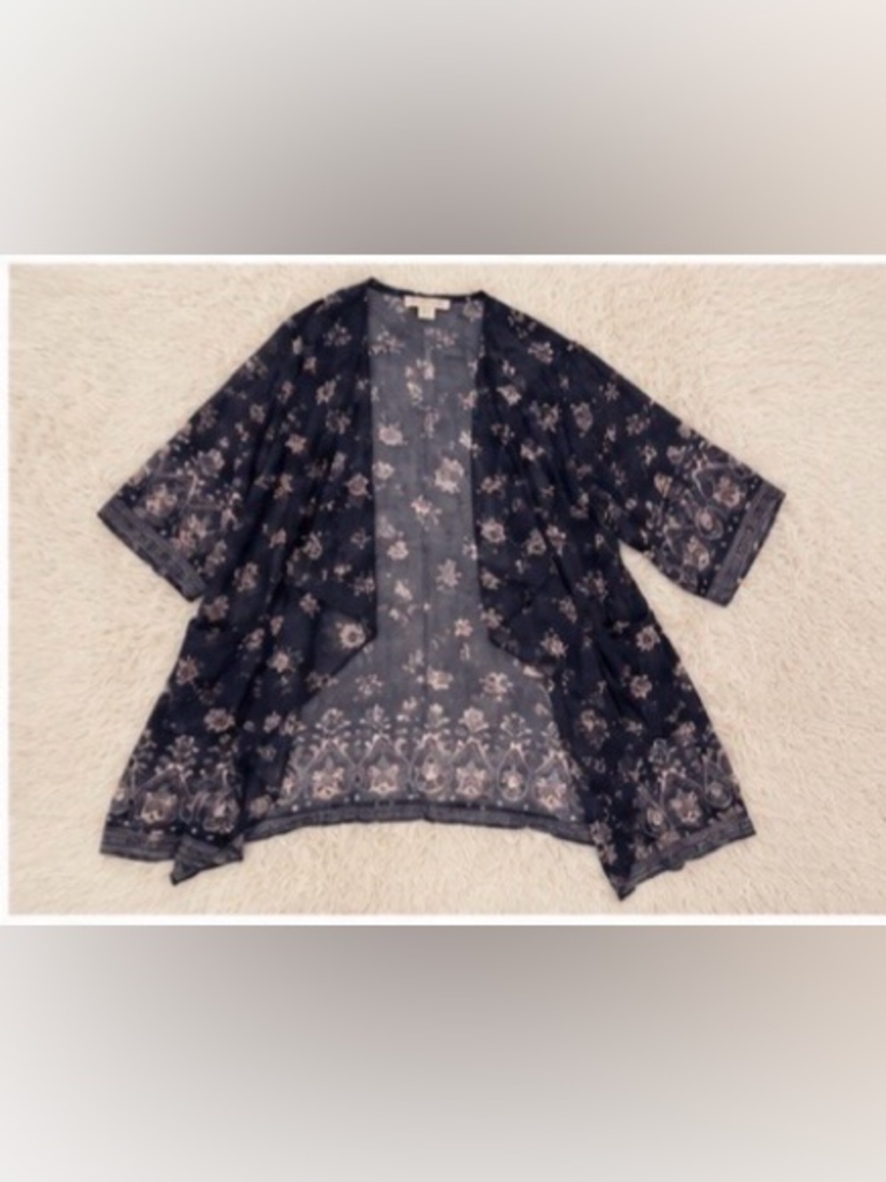 Band of Gypsies Navy Floral Kimono Cardigan Boho Open Front Cover Up Medium - Picture 7 of 7